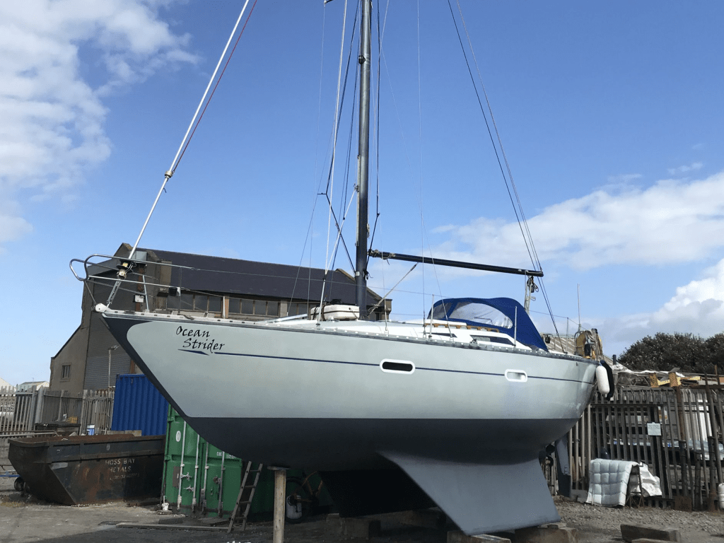 Ocean Strider exterior complete on the hard at Maryport marina